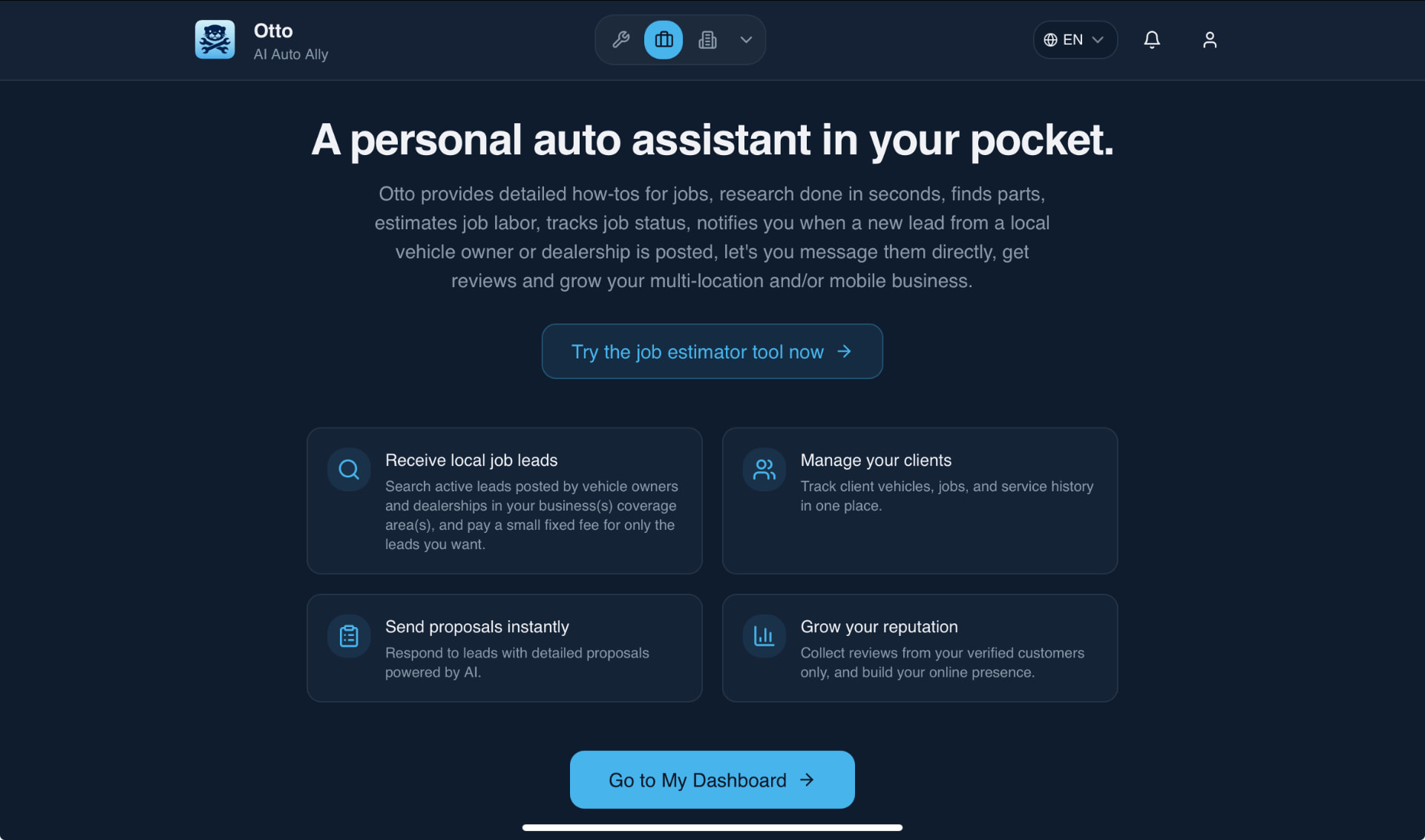 Otto.tips landing page — a personal auto assistant for repair professionals